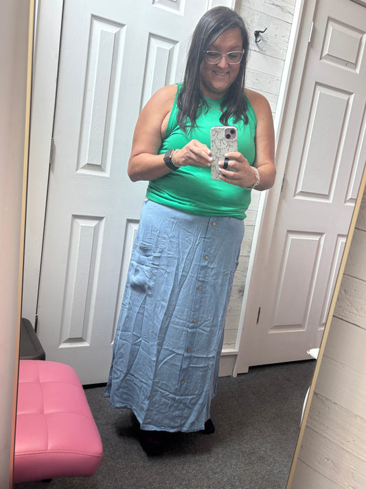 Beau Blue Buttoned Front High Waist Side Pockets Denim Maxi Skirt