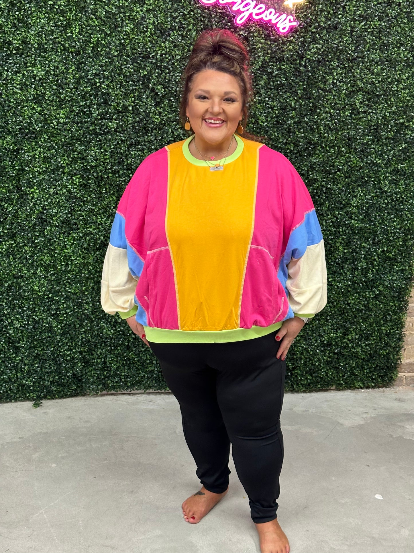 Rose Red Plus Size Colorblock Patchwork Exposed Seam Sweatshirt