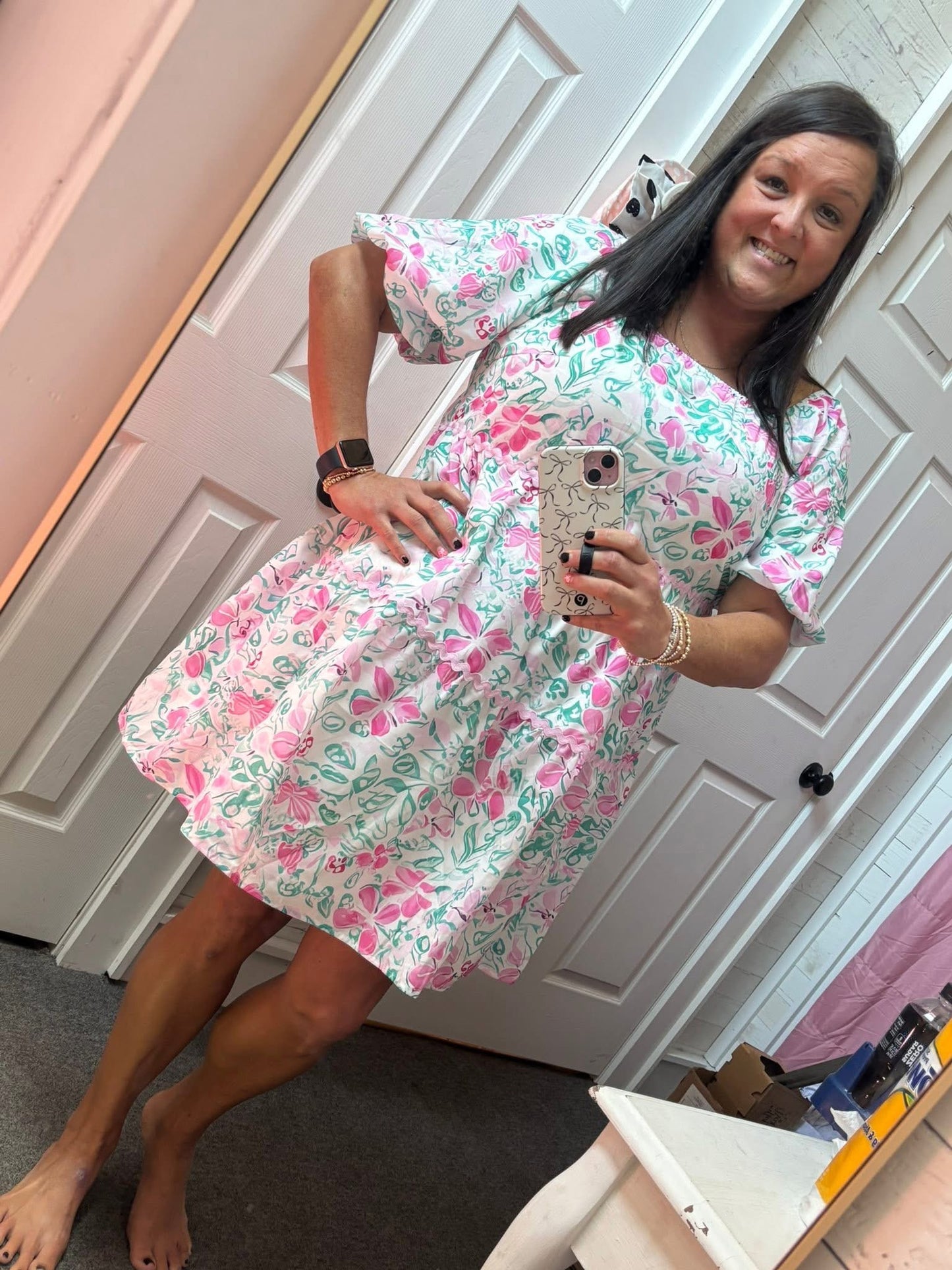 White Floral Print Ric-rac Trim Square Neck Plus Size Mini Dress