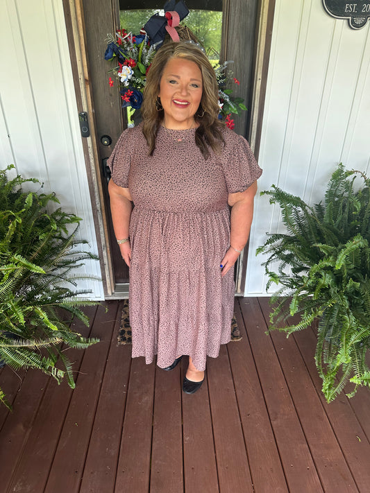 Brown Plus Size Leopard Print Frill Trim Short Sleeve Flared Dress