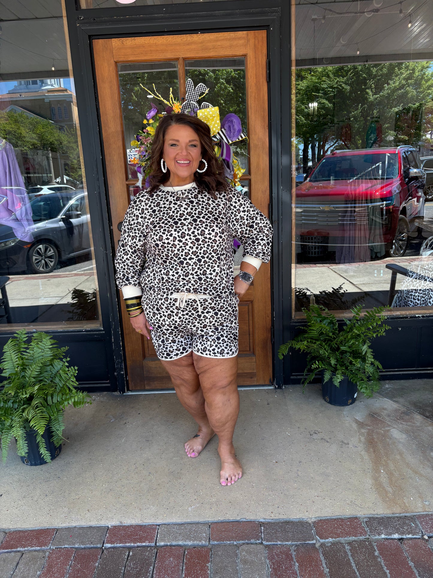 Brown Leopard Print Contrast Trim Two Piece Shorts Set