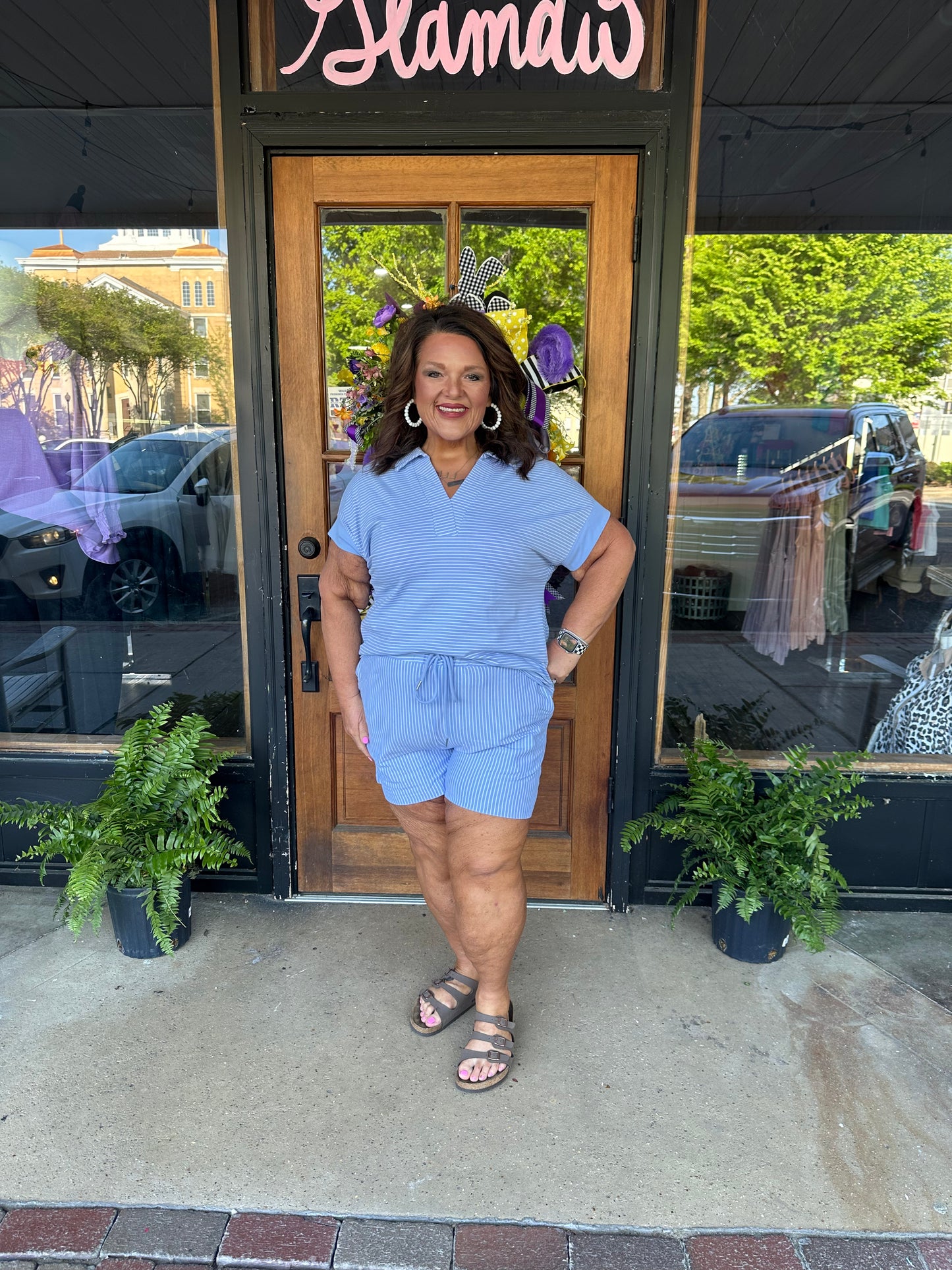 Sky Blue Striped Dolman Sleeve Pullover and Drawstring Shorts Set