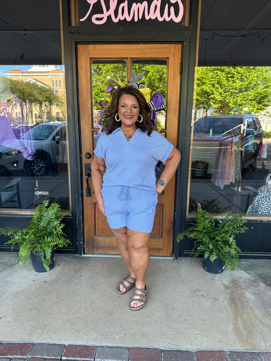 Sky Blue Striped Dolman Sleeve Pullover and Drawstring Shorts Set