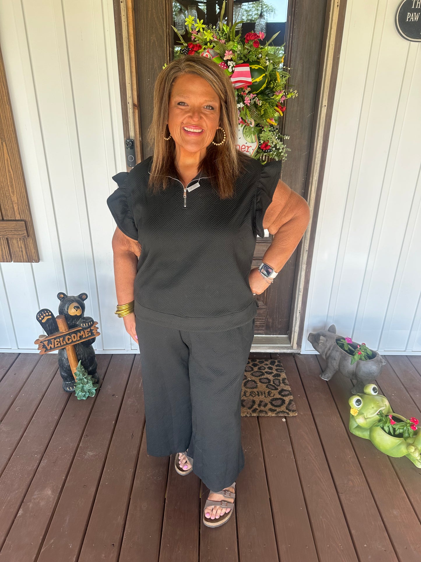 Black Textured Ruffle Sleeve Zipped Top and Wide Leg Pants Set