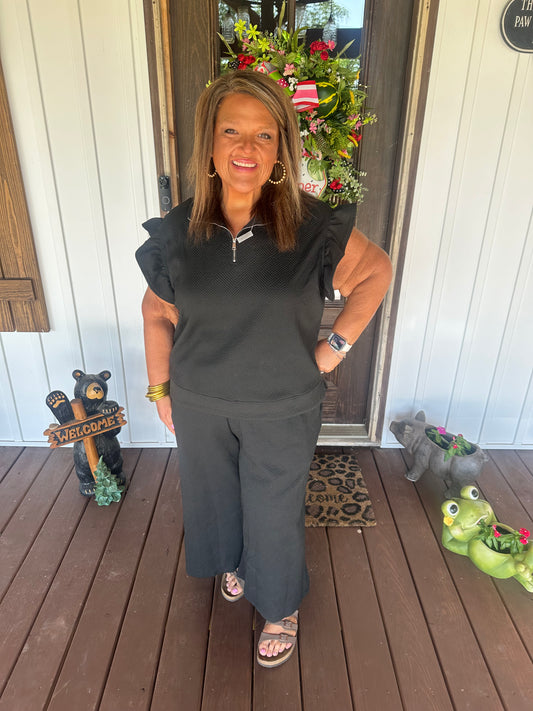 Black Textured Ruffle Sleeve Zipped Top and Wide Leg Pants Set