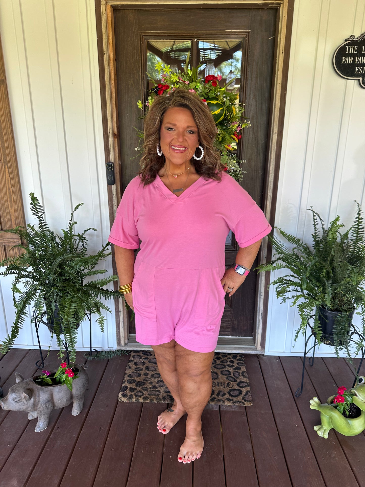 Bonbon Loose Half Sleeve V Neck Plain Romper