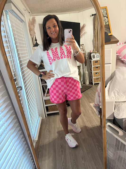 White Checkered MAMA Letter Heat Transfer Printing Graphic T Shirt