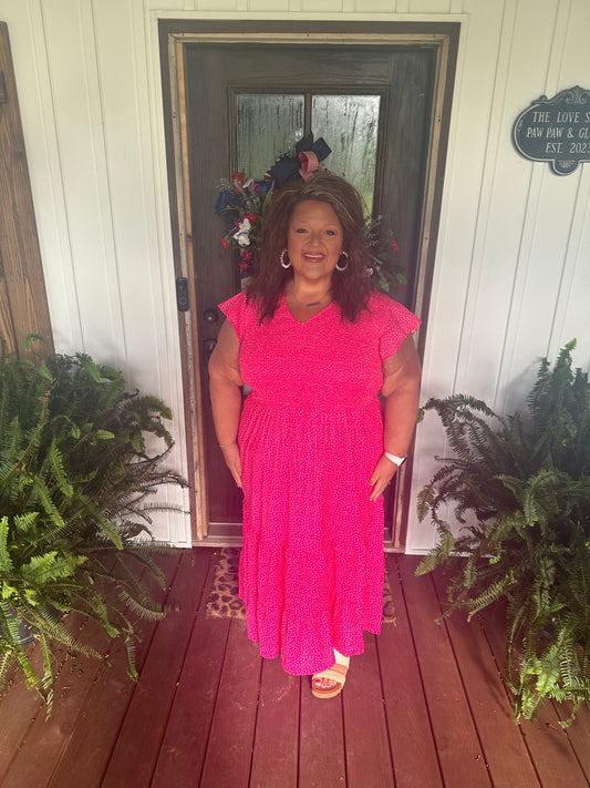 Rose Polka Dot Print Ruffle Smocked High Waist Plus Midi Dress