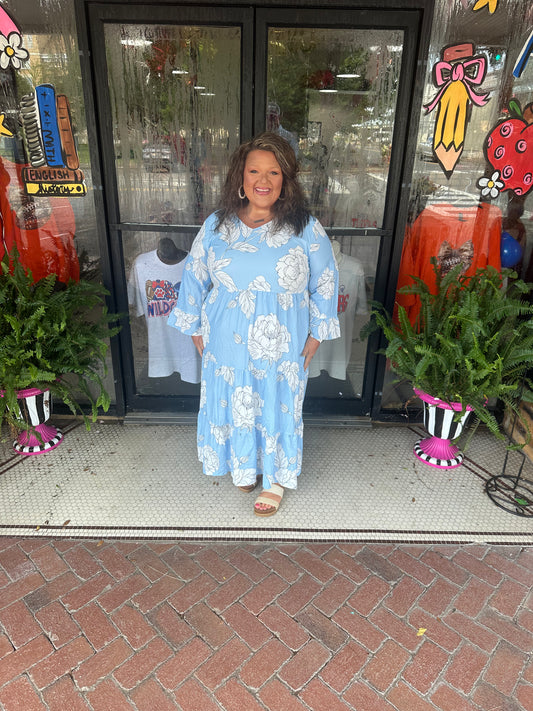 Sky Blue Floral Bell Sleeve V Neck Plus Size Tiered Maxi Dress