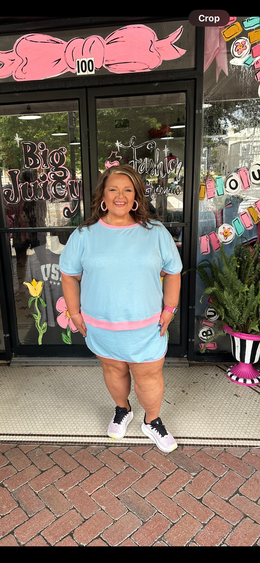 Turquoise Plus Size Contrast Trim T Shirt and Skort Two Piece Set