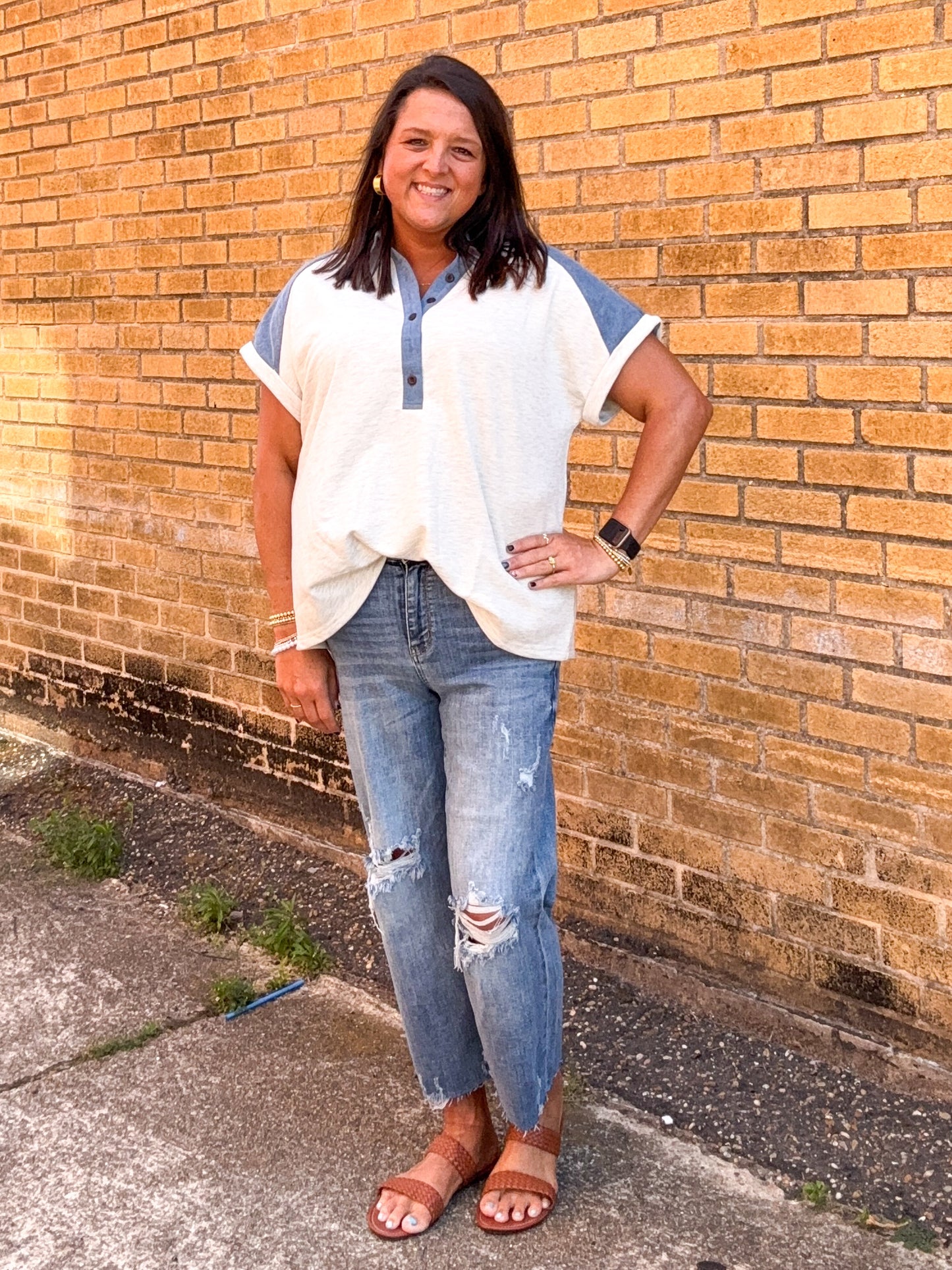 Beige Plus Size Contrast Denim Patchwork Cuffed Sleeve Polo Tee