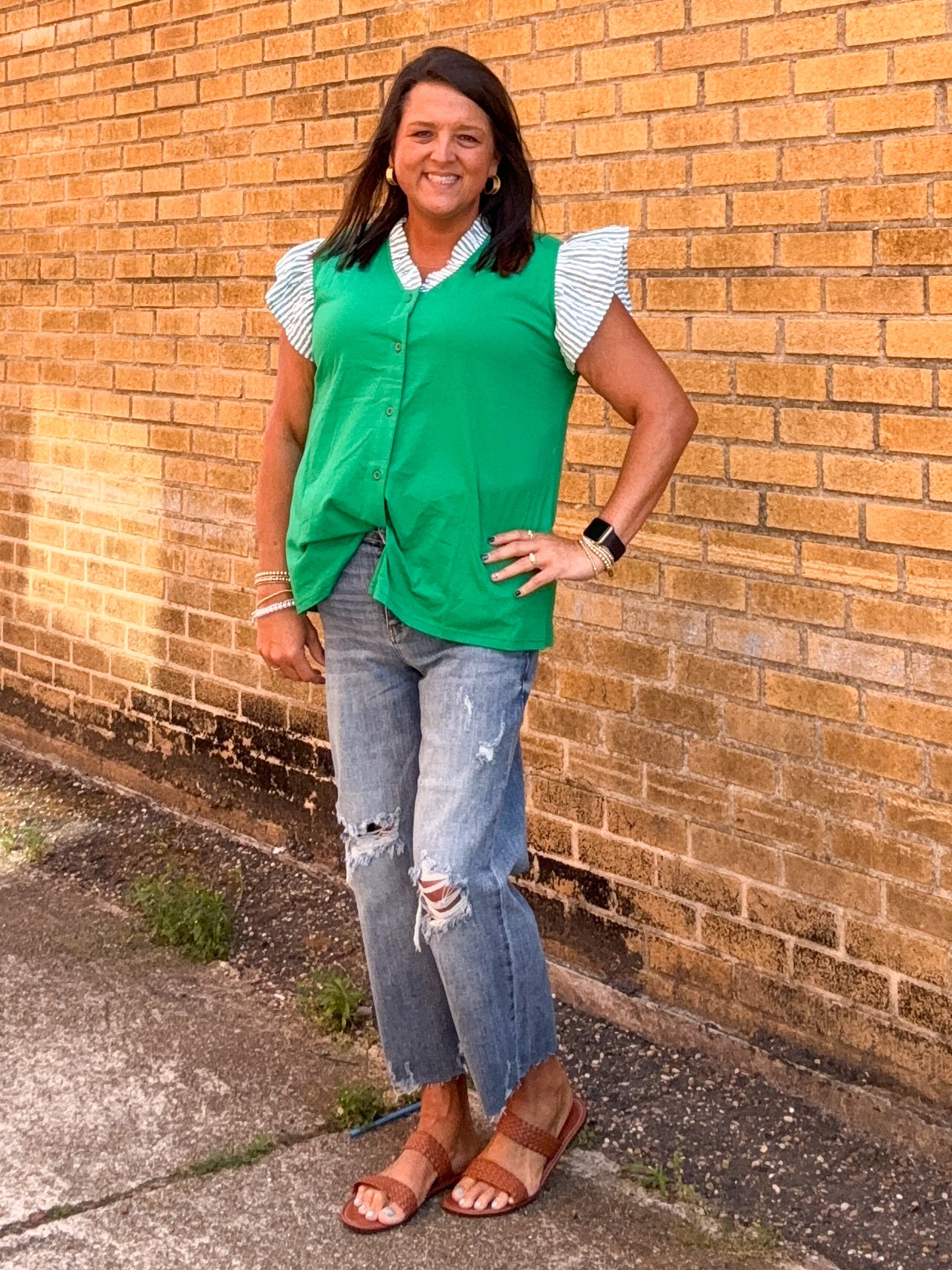 Dark Green Plus Size Button Front Ruffled Stripe Trim V Neck Flutter Sleeve Blouse
