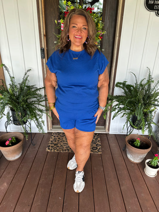Dark Blue Plus Size Fashion Textured Short Set