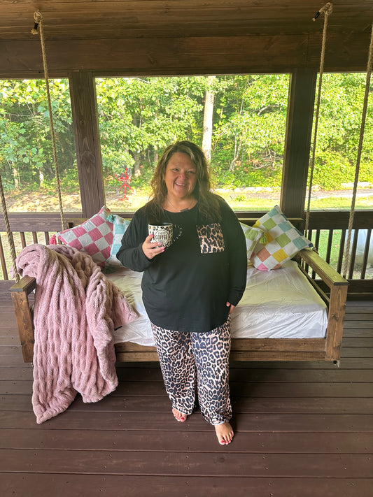 Black Leopard Patched Pocket Long Sleeve Top Plus Size Pajama Set