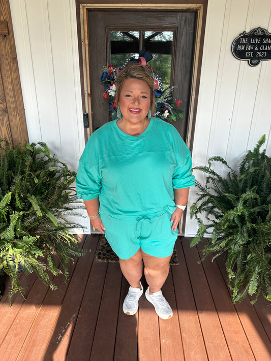 Sea Green Loose V Neck Tee and Drawstring Shorts Set