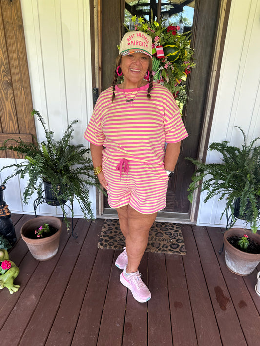 Rose Stripe Drop Shoulder Boxy Casual Terry Short Set