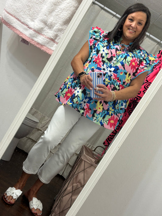 Blue Floral Flutter Sleeve Tied Notched Neck Plus Size Blouse