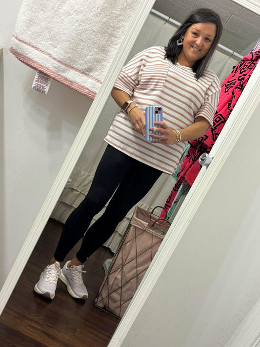 Pink Stripe Waffle Knit Pocket Half Sleeve Plus Size T Shirt
