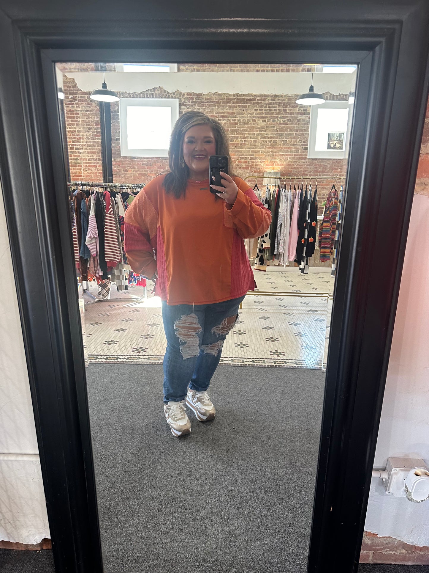 Orange Waffle Patchwork Chest Pocket Plus Size Top