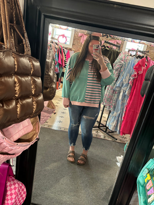 Green Stripe Colorblock Patchwork Side Split Sweatshirt