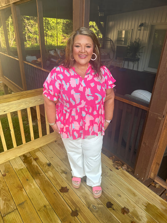 Rose Plus Size Abstract Print Puff Sleeve V Neck Blouse