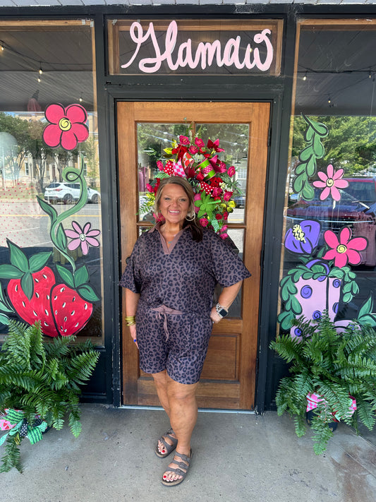 Brown Plus Size Leopard Short Set