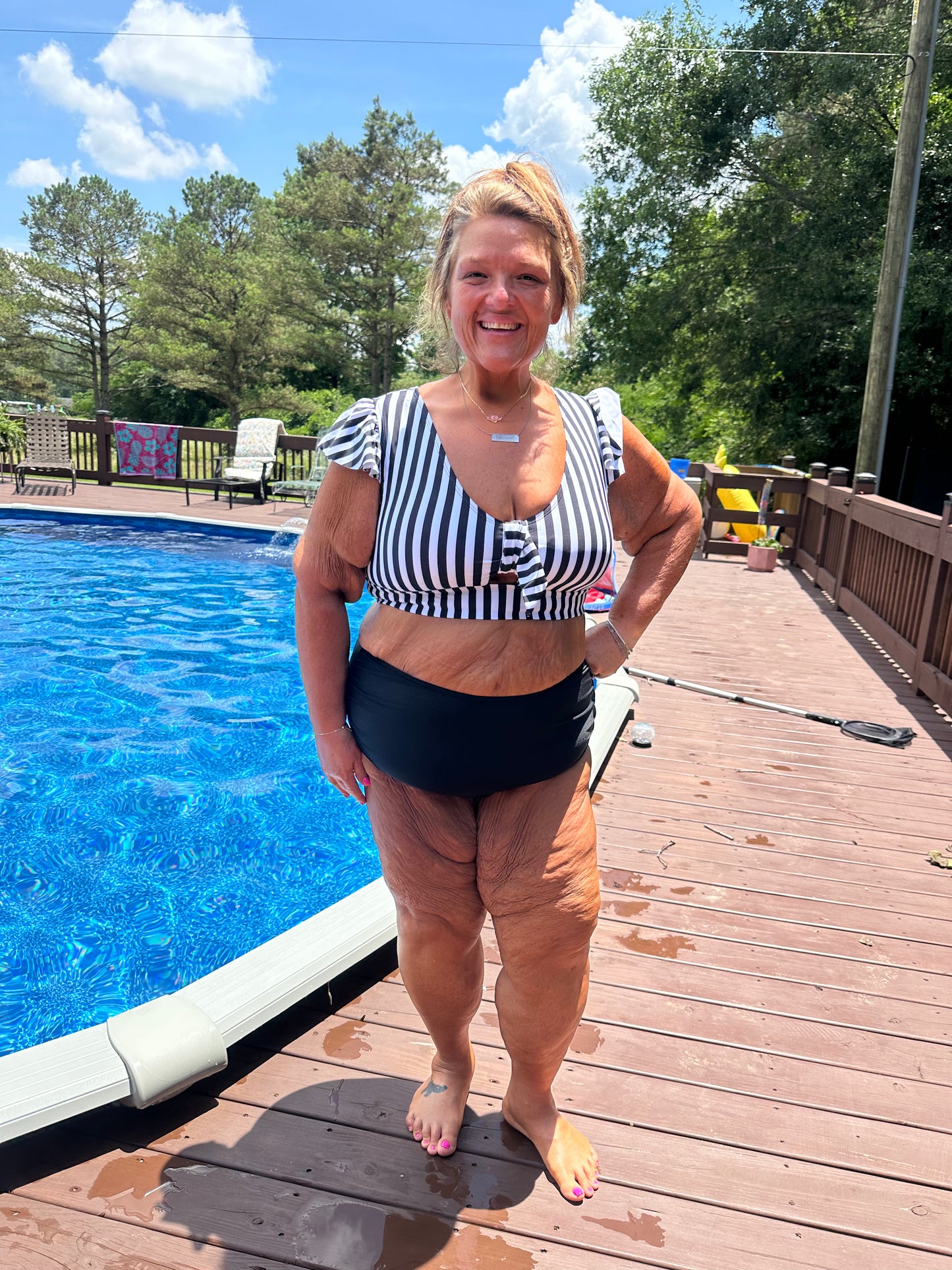 Black Stripe Plus Size Knot Cutout Ruffle Sleeve and High Waist Swimsuit Set