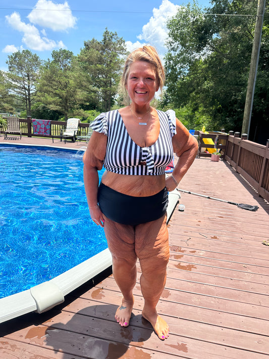 Black Stripe Plus Size Knot Cutout Ruffle Sleeve and High Waist Swimsuit Set