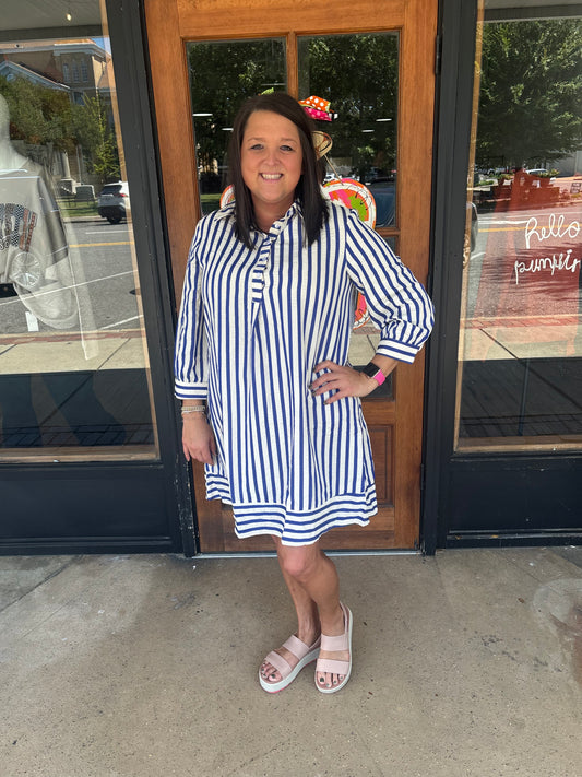 Blue Striped Collared Half Button Side Pockets Loose Fit Mini Dress