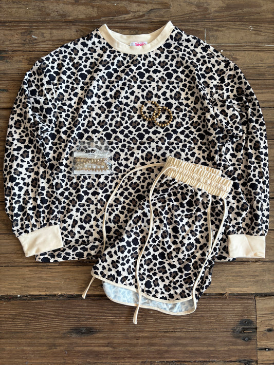 Brown Leopard Print Contrast Trim Two Piece Shorts Set