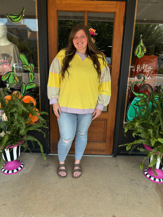 Yellow Striped Colorblock Patchwork Plus Size Pullover Sweatshirt