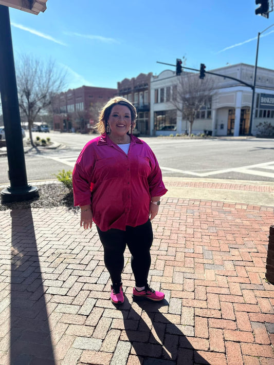 Bright Pink Plus Size Velvet Chest Pocket Drop Shoulder Shirt
