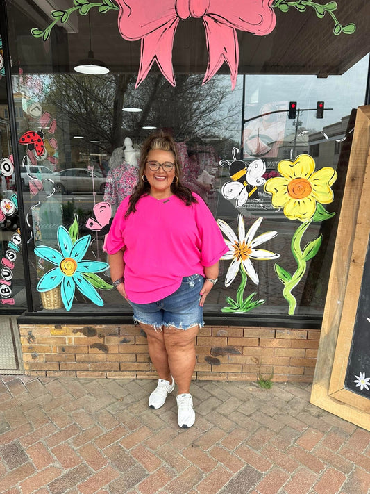 Bright Pink Seamed Back High Low Hem V Neck Plus Size Tee