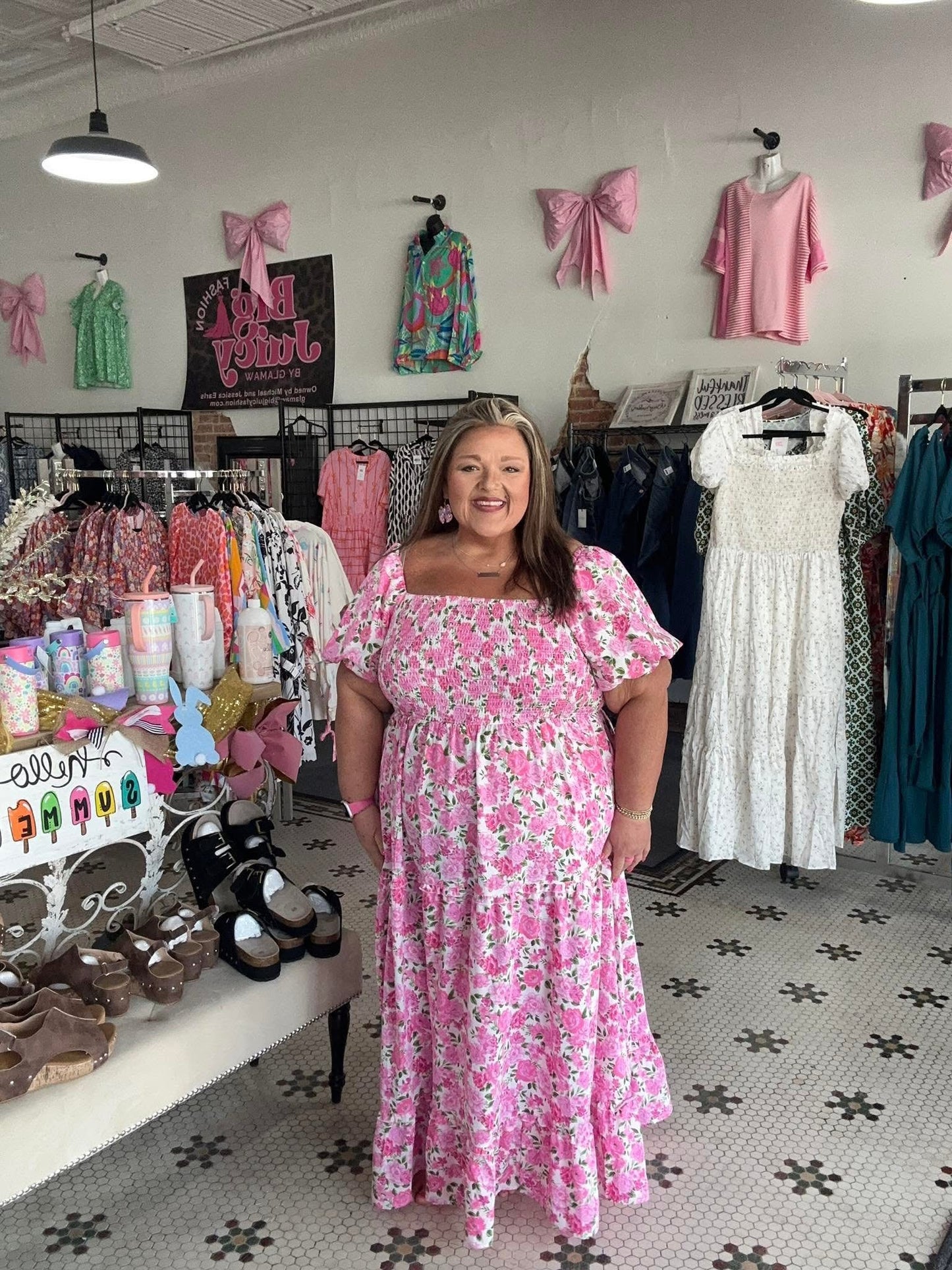 Pink Plus Size Floral Print Smocked Puff Sleeve Maxi Dress