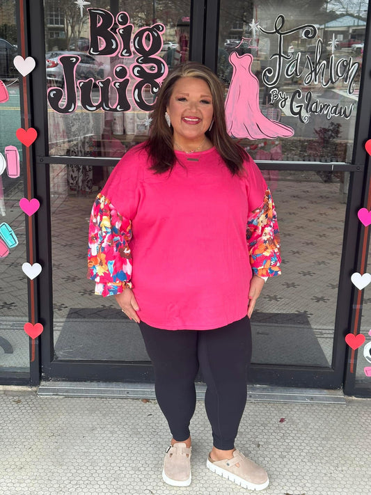 Bright Pink Floral Patchwork Flounce Sleeve Plus Knit Top