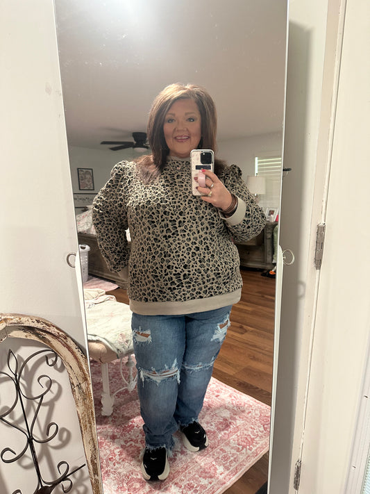 Khaki Leopard Textured Ribbed Trim Plus Size Long Sleeve Top
