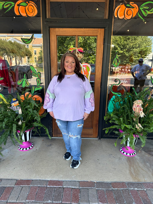 Phalaenopsis Flower Patched Colorblock Plus Size Pullover Top