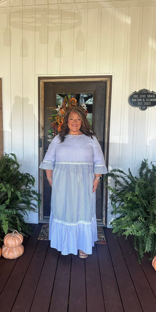 Sky Blue Crisscross Lace Detail Mixed Striped Patchwork Plus Size Dress