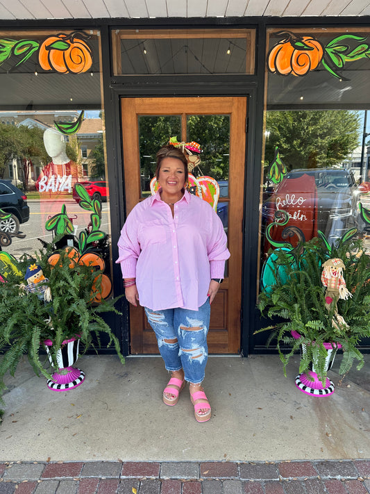 Pink Striped Pocket Button Up Plus Size Shirt