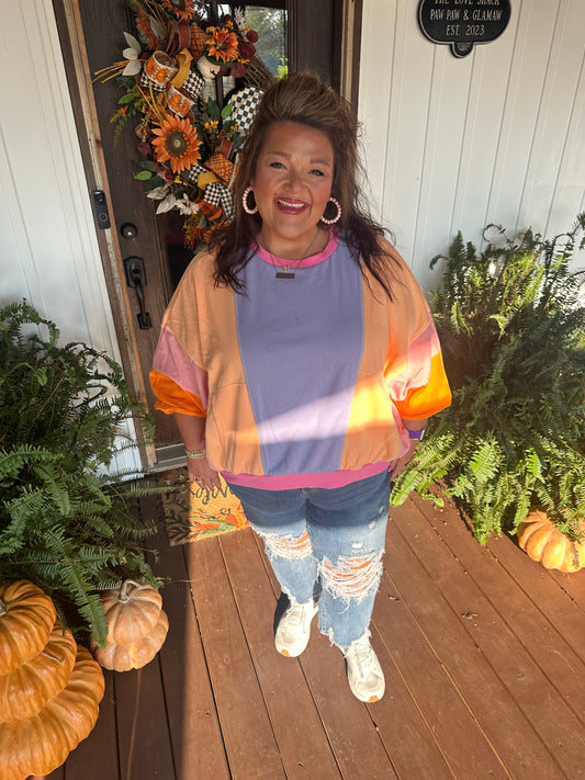 Orchid Petal Colorblock Patchwork Drop Shoulder Top