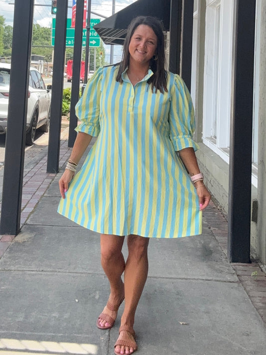 Yellow Stripe Half Button Puff Sleeve Loose Mini Dress