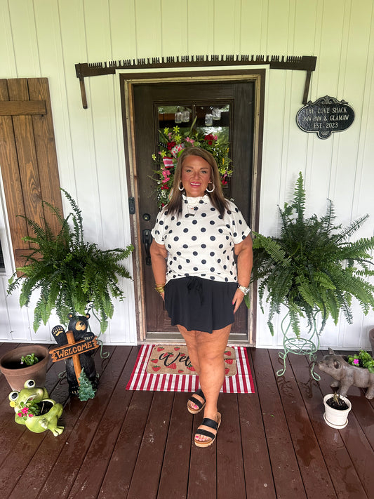 Beige Polka Dot Print High Neck Dolman Top