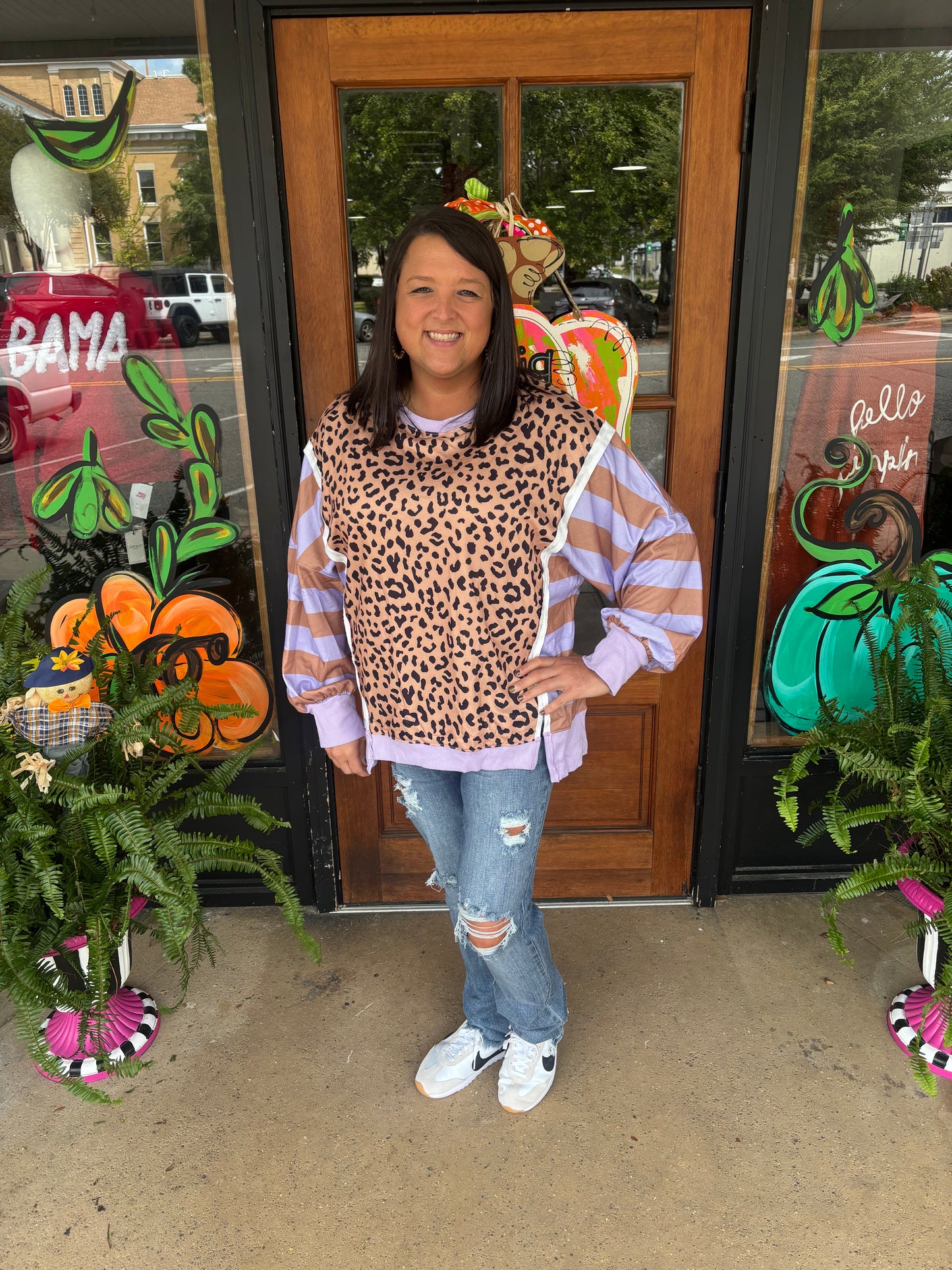 Khaki Leopard Striped Patchwork Plus Size Loose Sweatshirt
