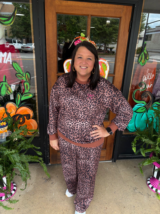 Coffee Allover Leopard Print Contrast Trim Long Sleeve Top and Pants Set