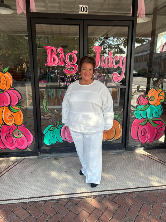 White Textured Raw Seam Plus Size Pullover Top and Drawstring Pants Set