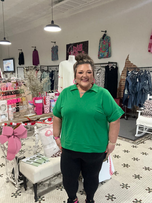 Bright Green Turn-Down Collar Plain Plus Size Blouse