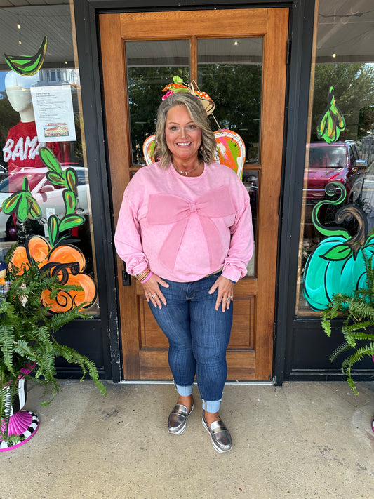 Bright Pink Mineral Wash Waffle Bow Patched Pullover Sweatshirt