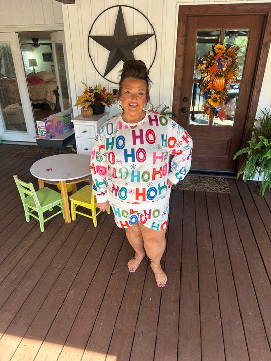White Plus Size Christmas Ho Ho Ho Print Long Sleeve Top and Shorts Pajama Set