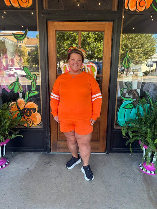 Orange Plus Size Varsity Striped Sleeve Sweatshirt and Shorts Set**WILL NOT SHIP UNTIL 10/20