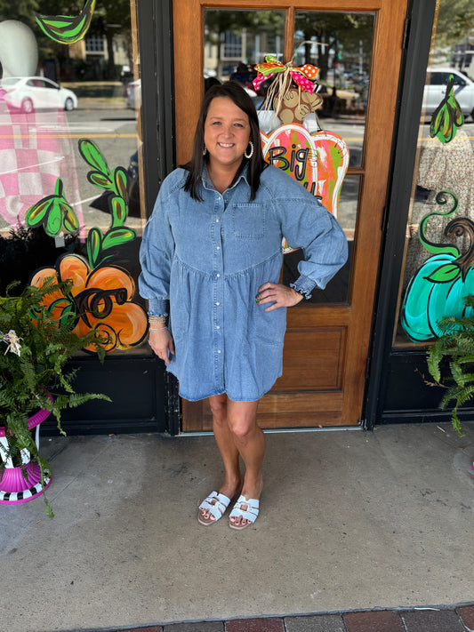 Beau Blue Smocked Cuffs Flared Denim Shirt Mini Dress